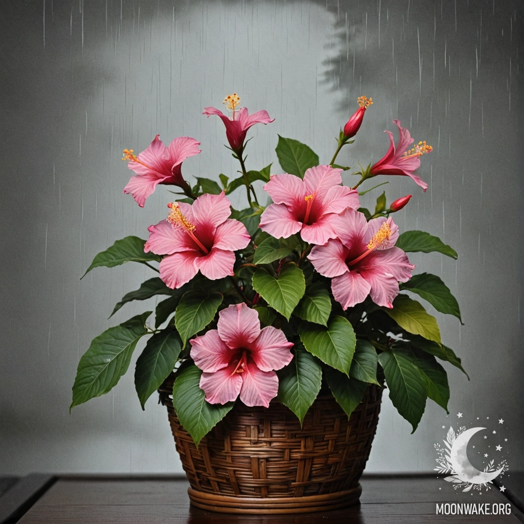 Гибискус цвета фуксии в корзине, окружённый туманом и дождём.