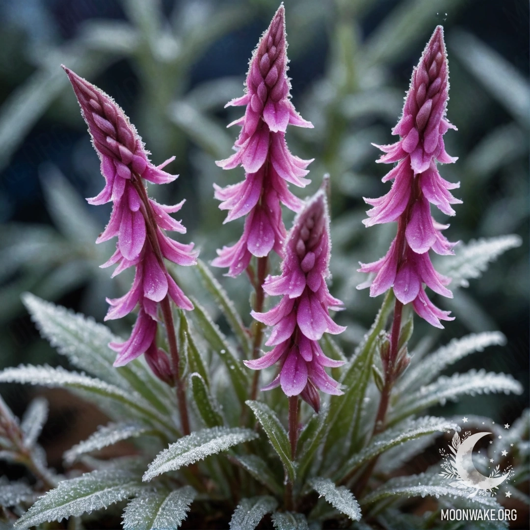 Яркая фуксиевая лобелия, укрытая морозом ночью, сверкающая.