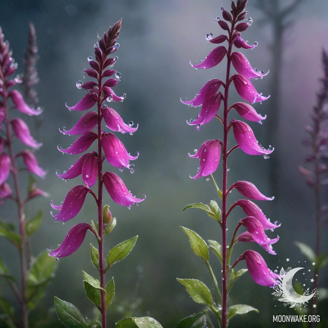 Яркий цветок фуксиевой лобелии, окружённый дымкой ночи, с искрящимися рубинами.