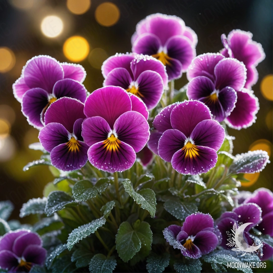 Букет фуксиевых анютиных глазок, окруженный морозом в ночное время.