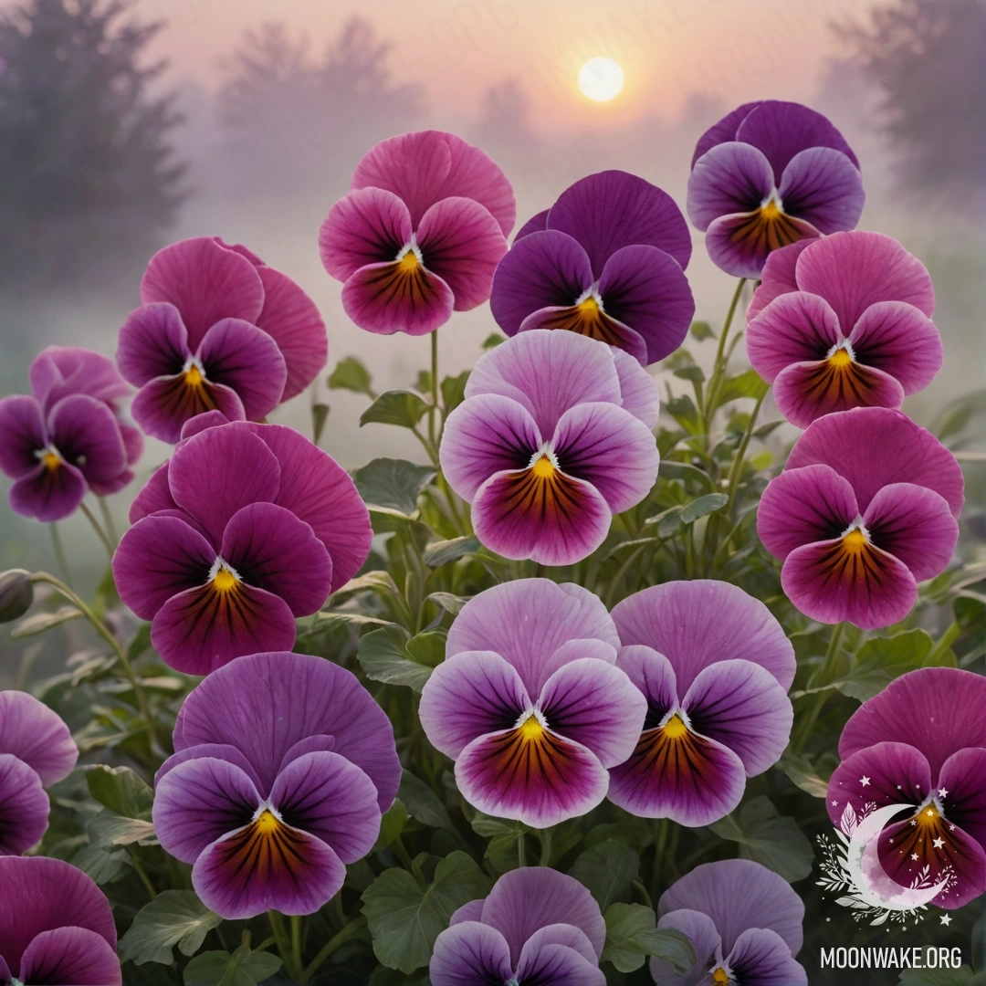 Акварельная работа с фуксиевыми фиалками в тумане на фоне заката.