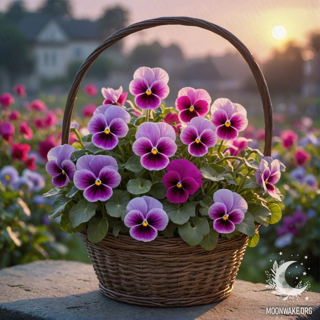 Корзина, наполненная фуксиевыми пансеттиями в тумане на закате.