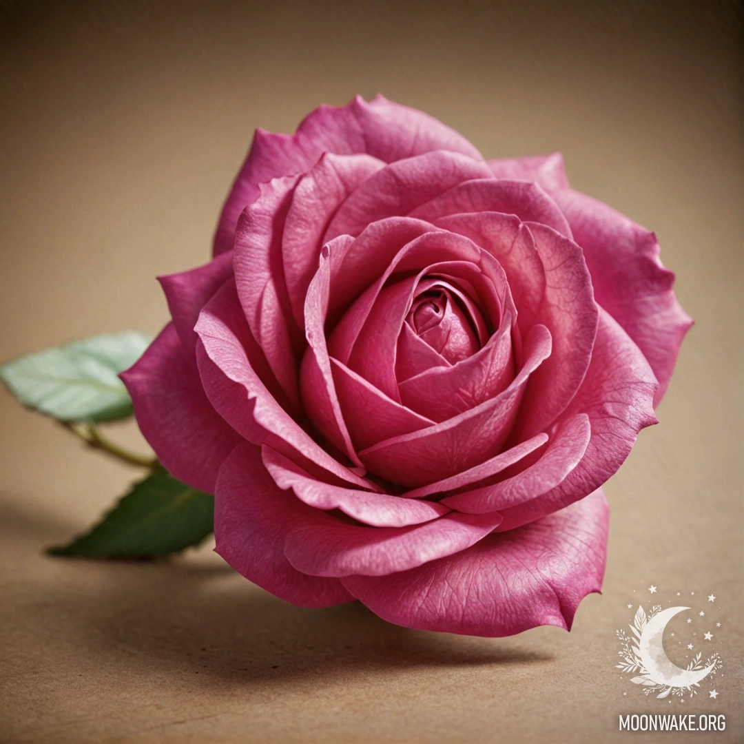 Бумажная роза, созданная в ярком цвете фуксии, напоминающая старинные открытки.