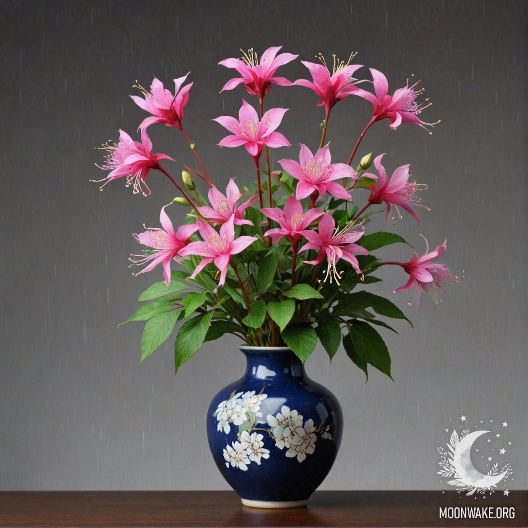 Ваза с тихими фуксиевыми полевыми цветами под дождем.