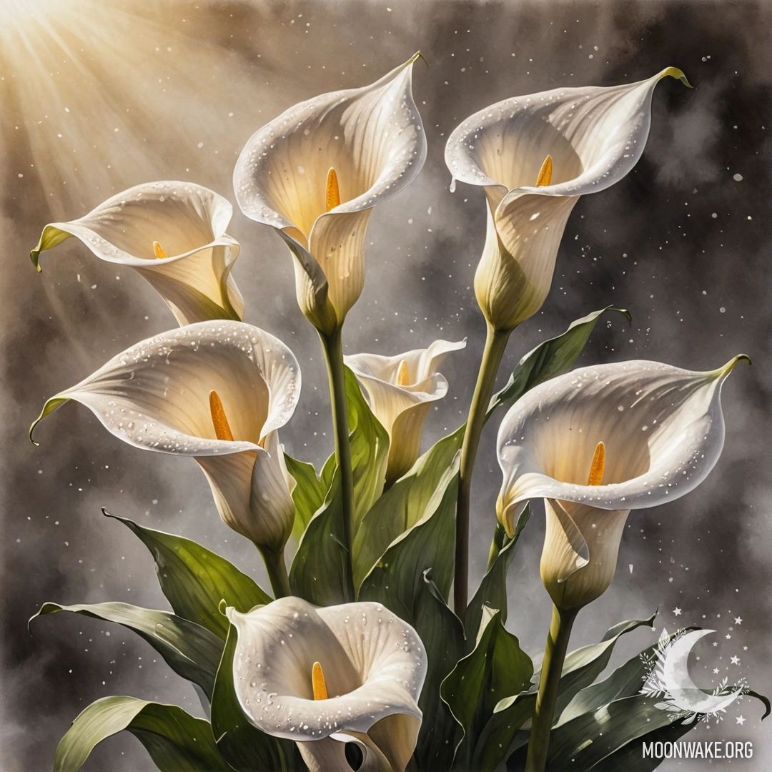 Умиротворяющее сочетание лилий, окружённых туманом и солнечными лучами.