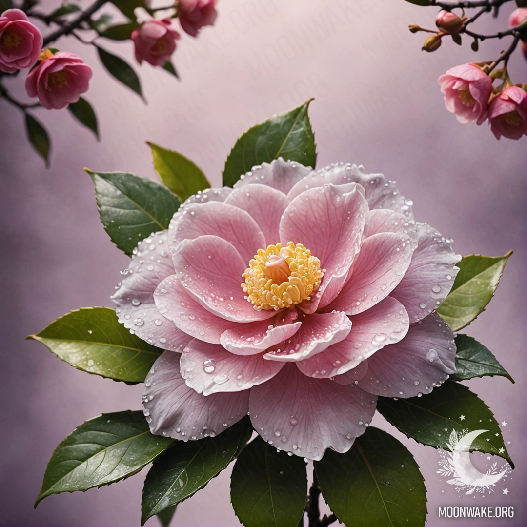 Букет пурпурных камелий, украшенный росинками и освещенный солнечными лучами.