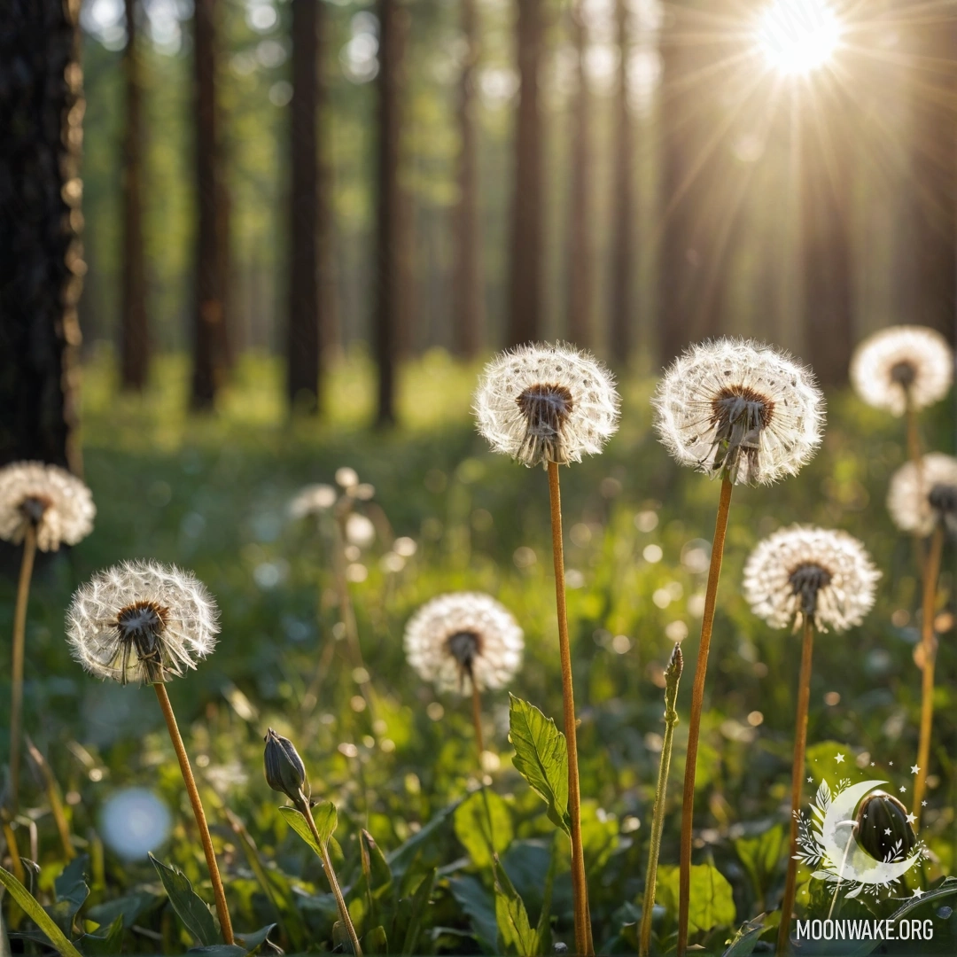 Крупный план нежных одуванчиков на фоне размытого леса с мягкими световыми бликами.