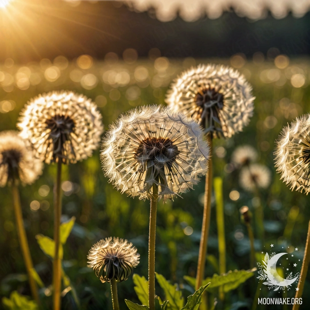 Крупный план одуванчиков на фоне закатного боке.