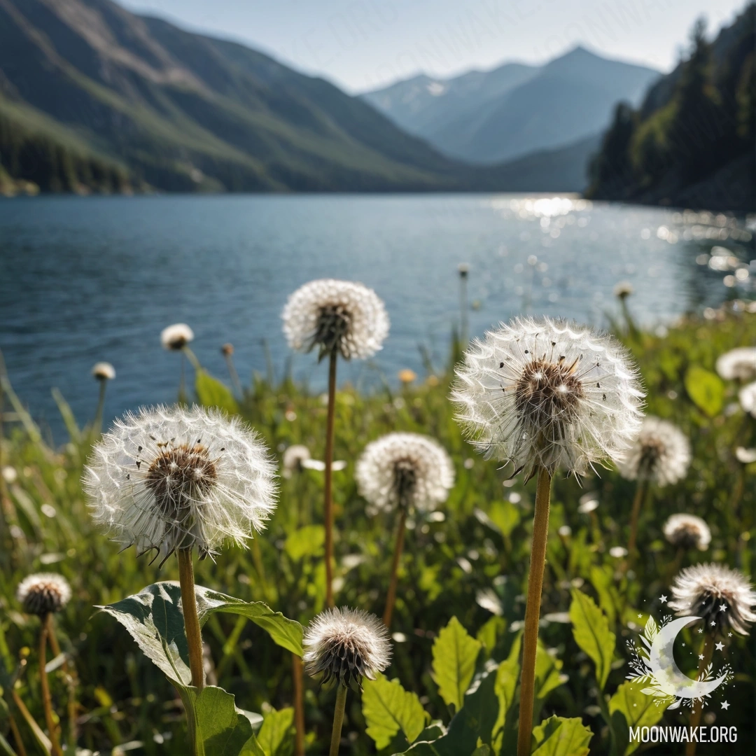Крупный план одуванчиков на солнечном поле с размытым горным озером на заднем плане.