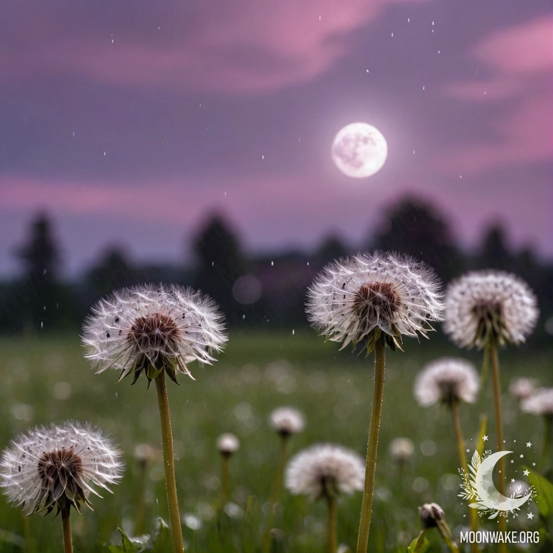 Крупный план одуванчиков в поле на фоне розово-фиолетового неба и луны.