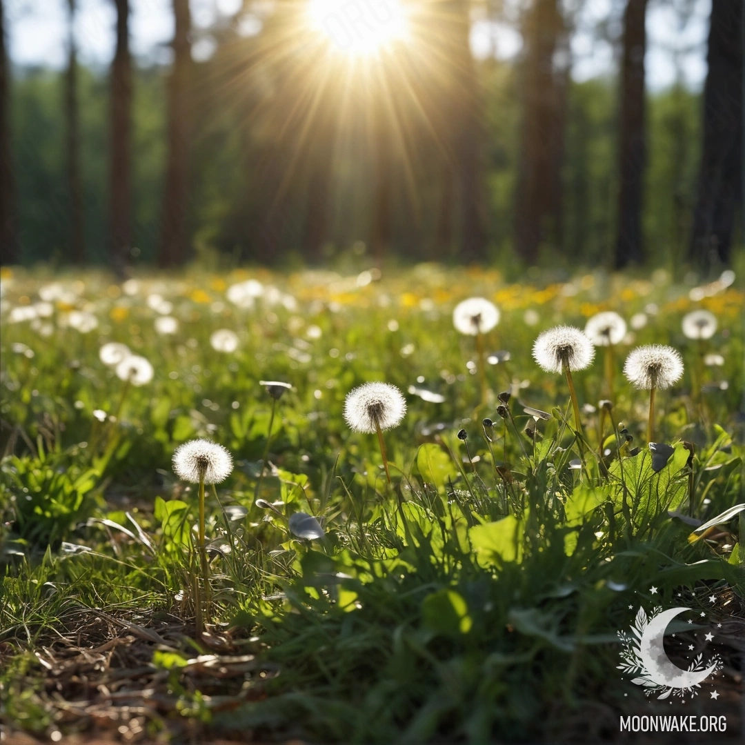 Крупный план одуванчиков на спокойном поле с размытой лесной глубиной и лучами солнца, пробивающимися сквозь деревья.