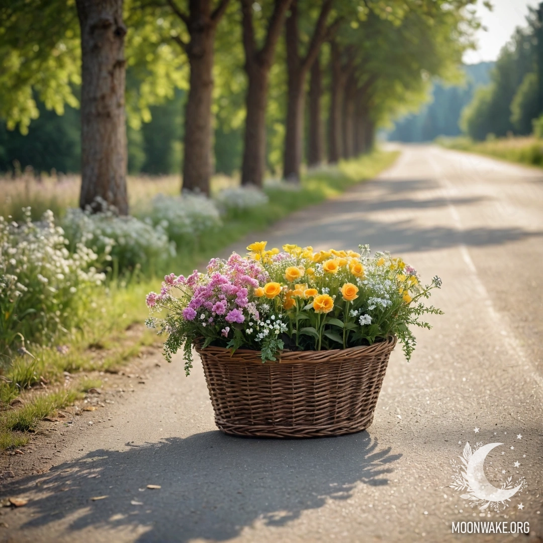 Спокойная грунтовая дорожка с корзиной цветов, окруженной деревьями с мягким освещением.