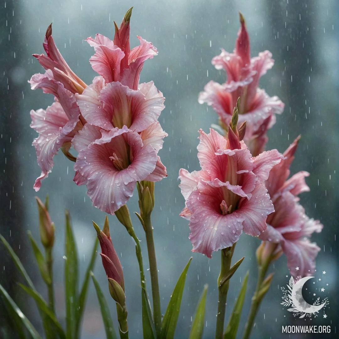 Нежный гладиолус в тумане под дождём с солнечными лучами.