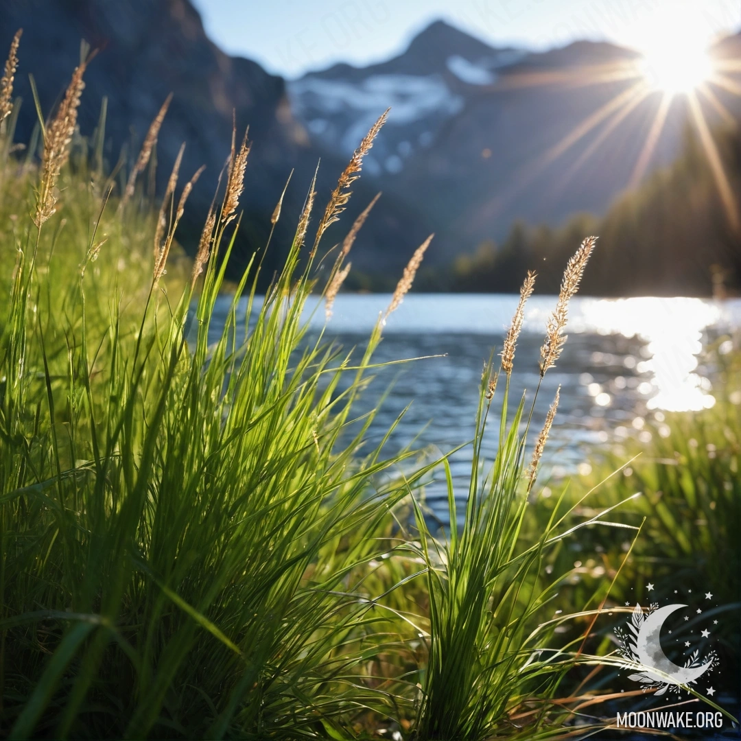 Крупный план нежной полевой травы на фоне размытого горного озера.