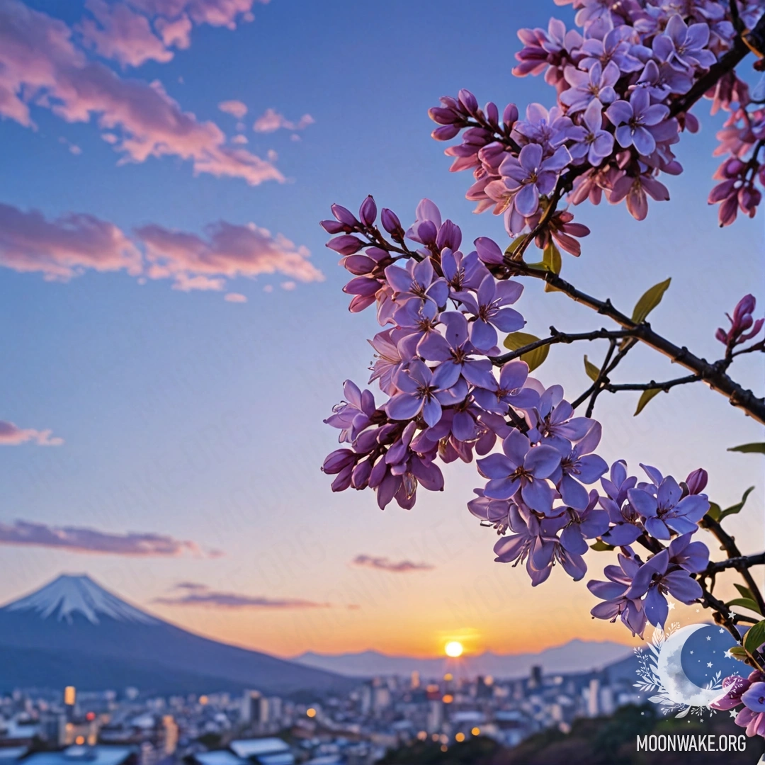 Картина с цветами сирени на фоне синего заката.