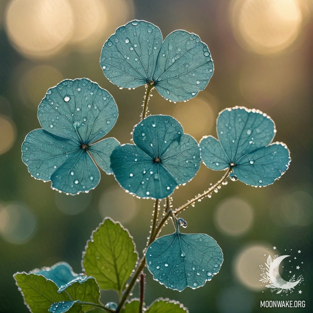 Крупный план цветов лунарии, украшенных росинками на фоне заката.