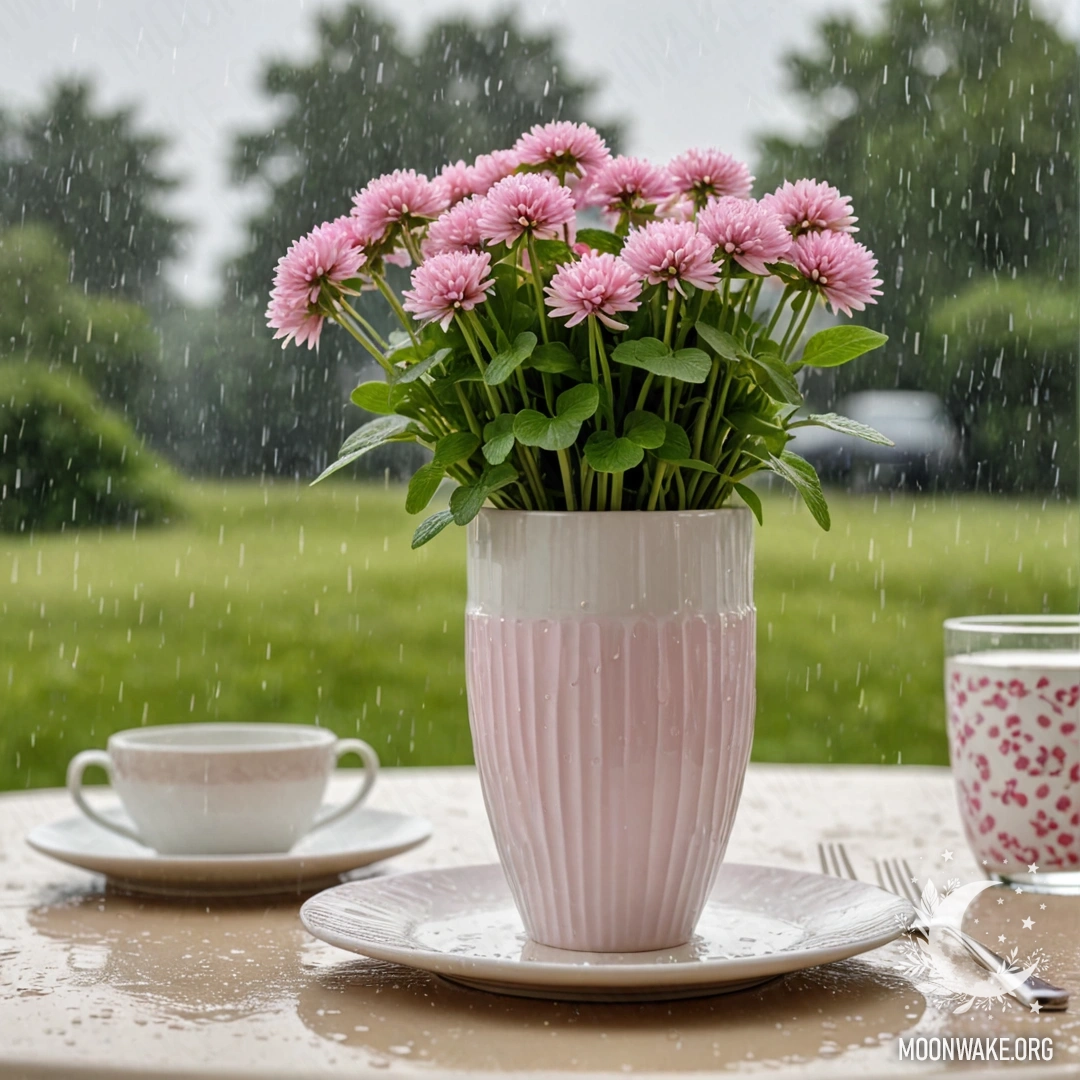 Круглая соломенная салфетка с белыми фарфоровыми чашками с розовым узором и белой вазой с клевером под дождем.