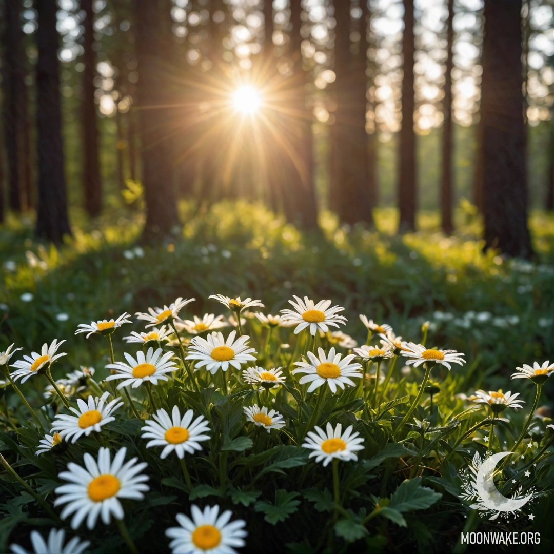 Крупный план ромашек, освещённых мягким светом гирлянды под деревьями на закате.