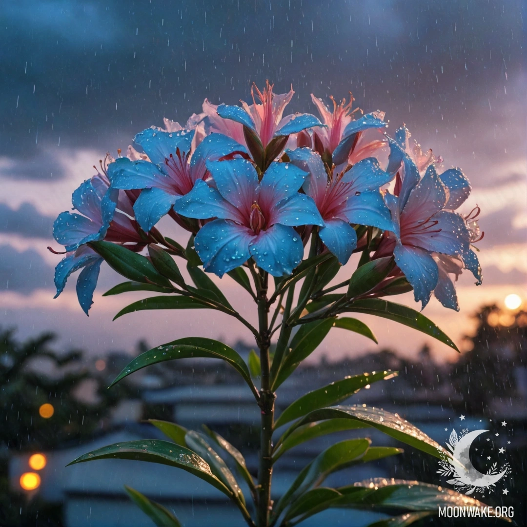 Букет гераний цвета лайм в туманном дожде ночью.