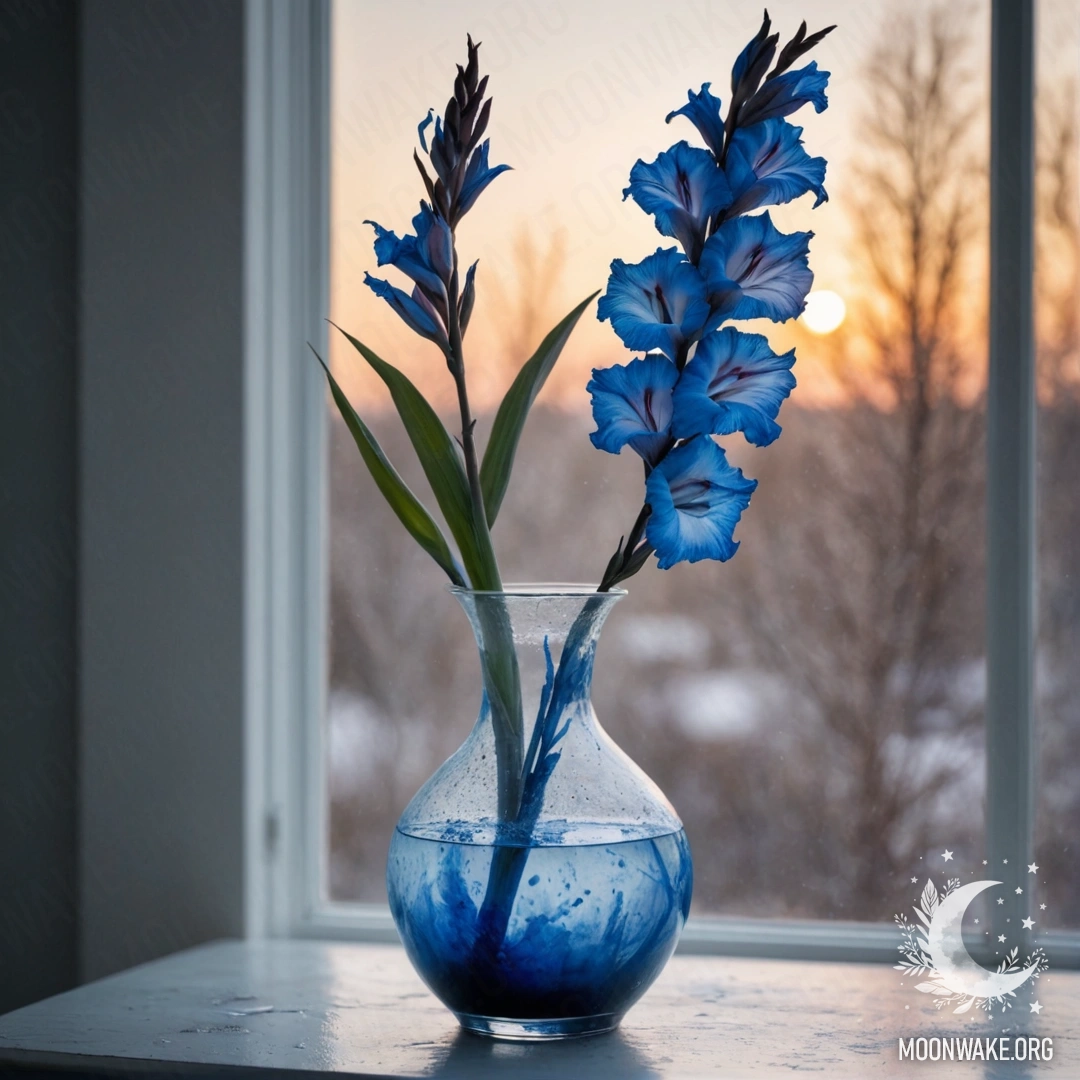 Синяя ваза с единственным гладиолусом в морозе на фоне заката.