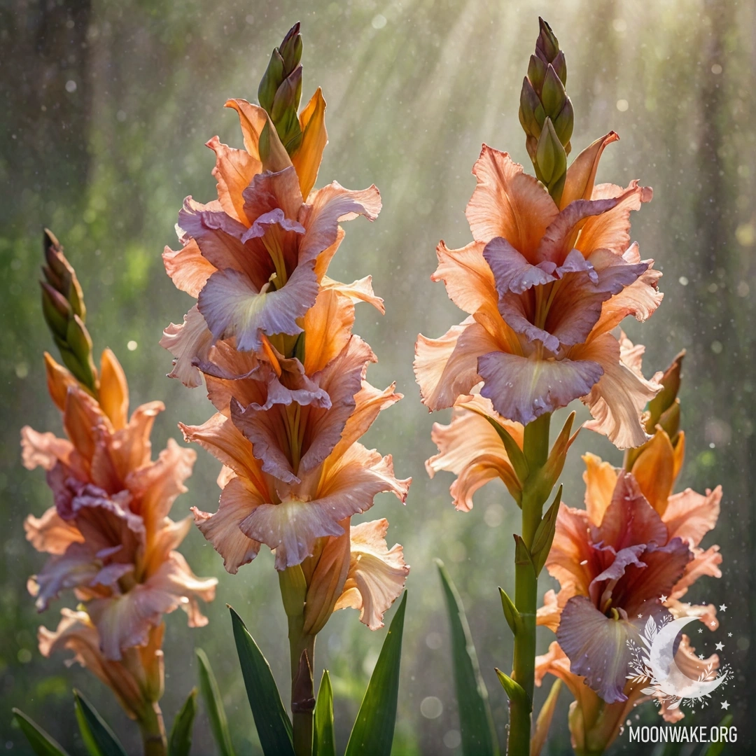 Красивый цветок гладиолуса, окутанный туманом, сверкающий на солнце.