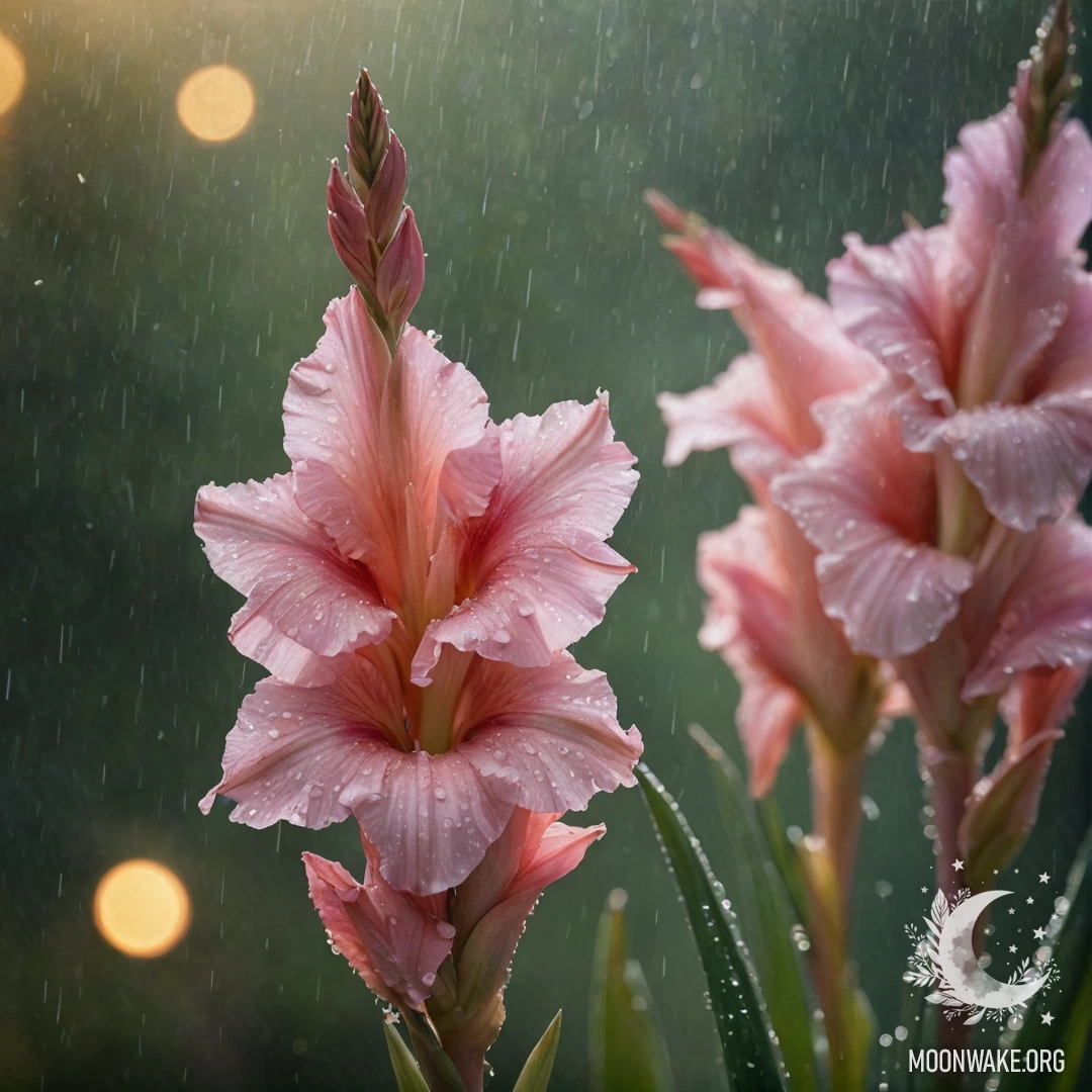 Красивая гладиолус, покрытая дождём на закате, сверкающая блеском.