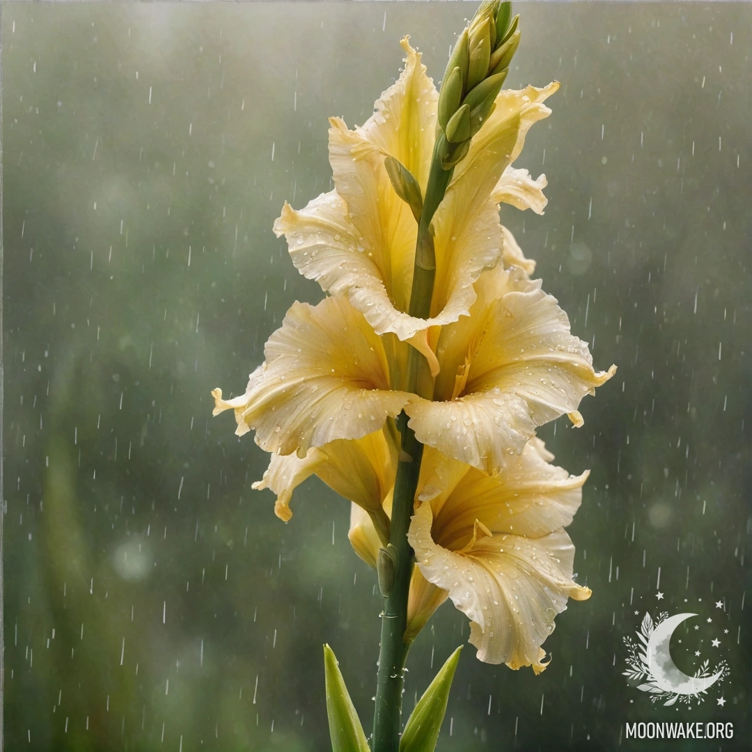 Нежный гладиолус кремово-жёлтого цвета, смоченный дождём и украшенный блестками.