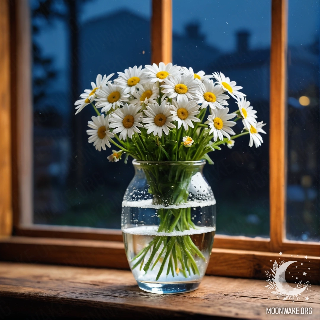 Стеклянная ваза с ромашками стоит на деревянном винтажном подоконнике ночью.