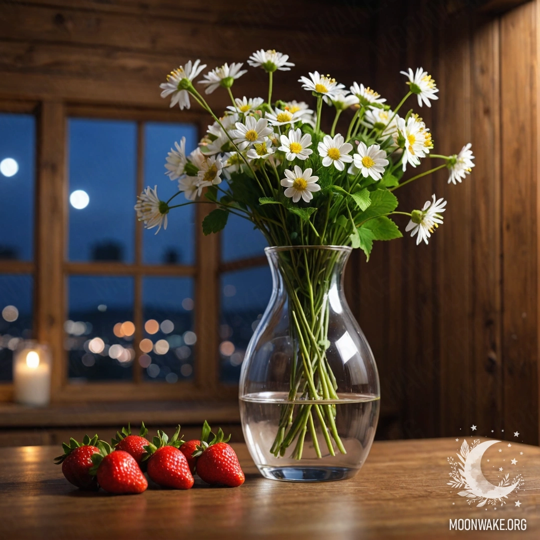 Стеклянная ваза с веточками клубники и цветами на фоне деревянной стены в ночное время.