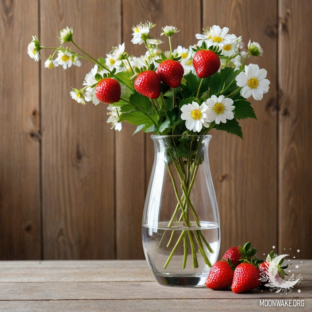 Стеклянная ваза с ветками клубники и цветами на фоне деревянной стены.
