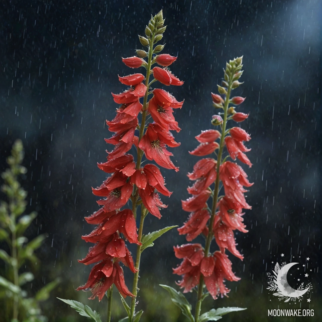 Красивый делфиниум в тумане под дождем в ночное время, сверкающий блестками.