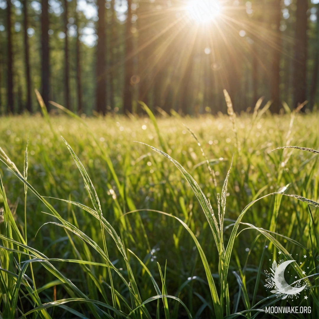 Крупный план нежных стеблей травы, освещенных мягким солнечным светом на фоне размытого леса.