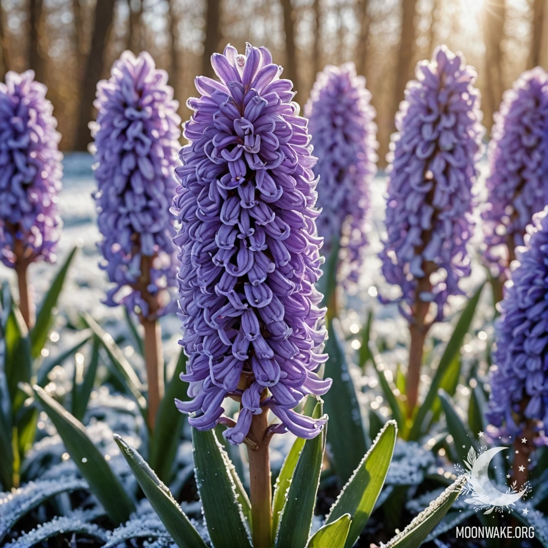 Прекрасный фиолетовый гиацинт, покрытый морозом и сверкающий на солнце.