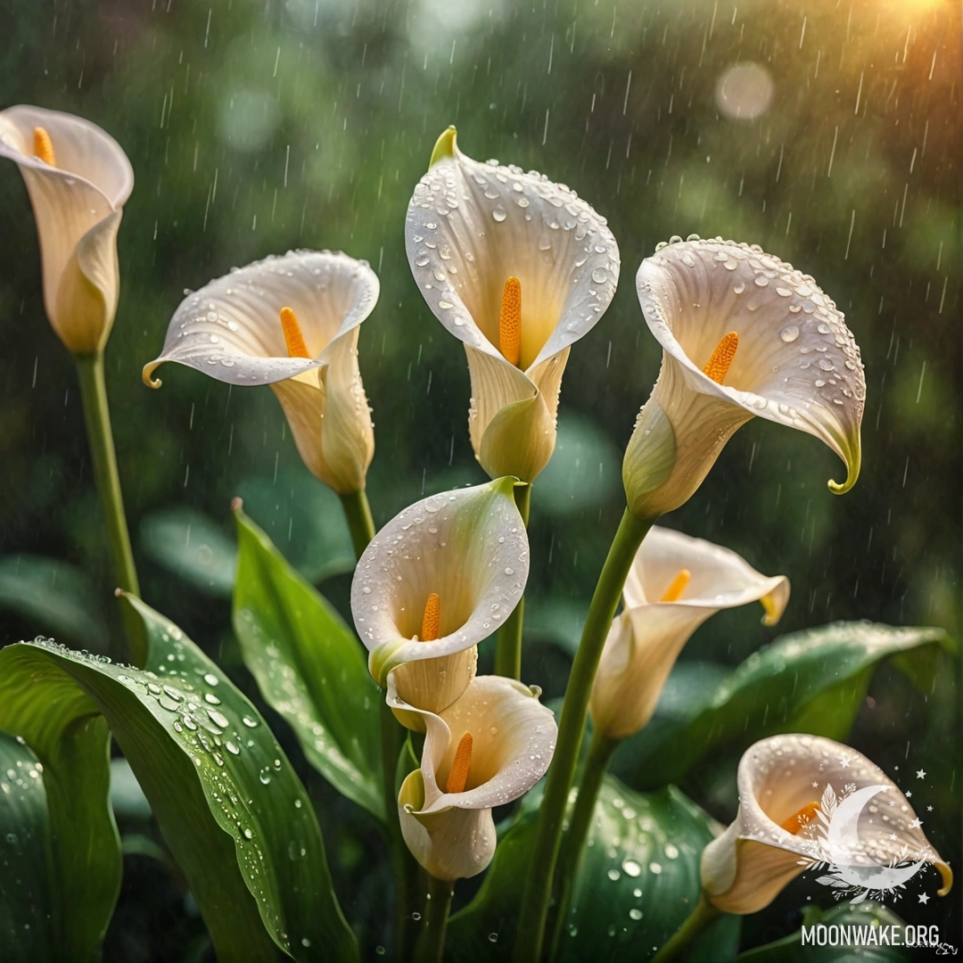 Акварельная картина с красивыми лилиями цвета лайма под дождём на закате, усеянными блёстками.