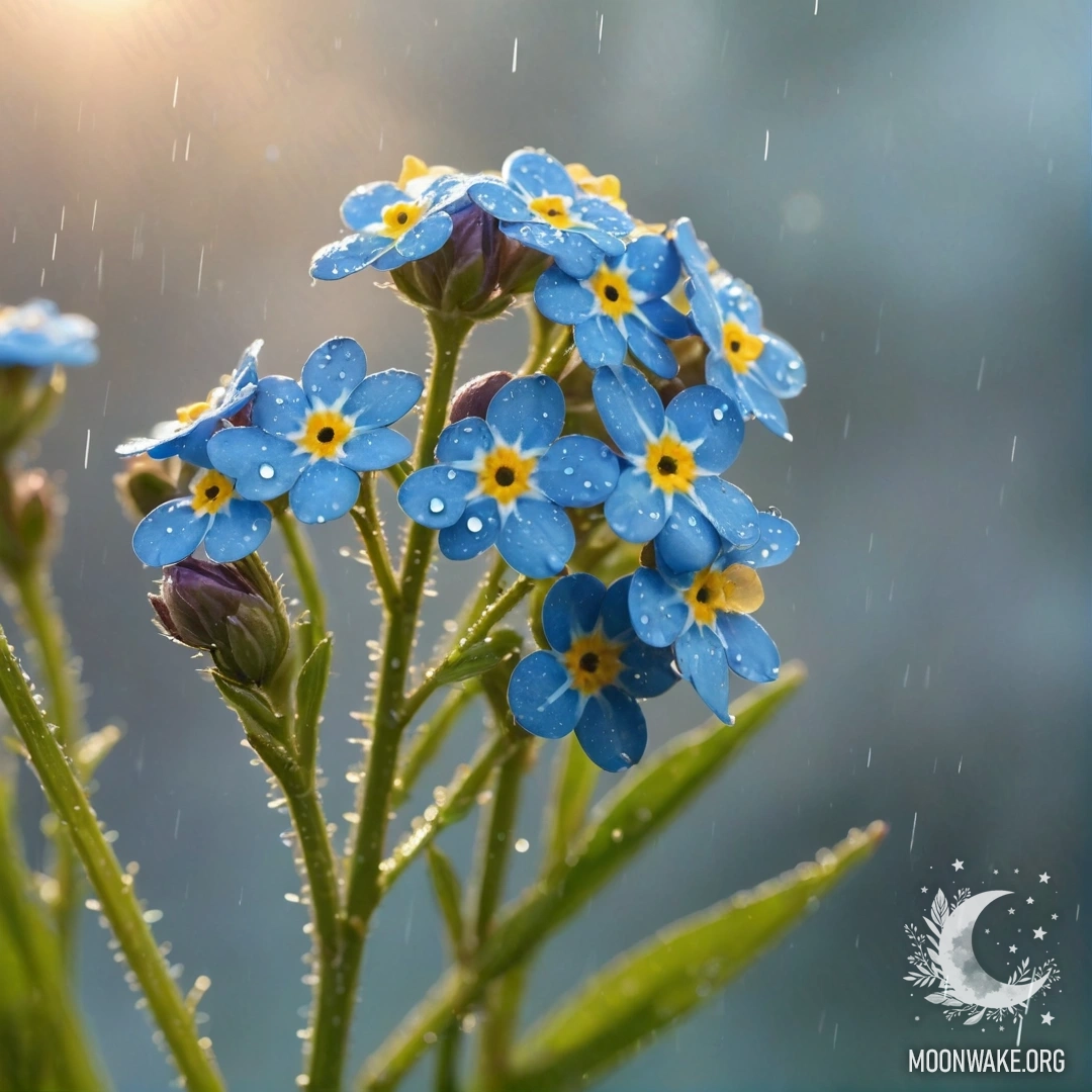 Акварельная картина с незабудками цвета лайм, сверкающими под дождем на закате.