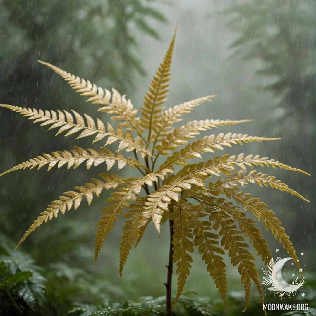 Спокойный золотой папоротник, окутанный туманом под нежным дождем.