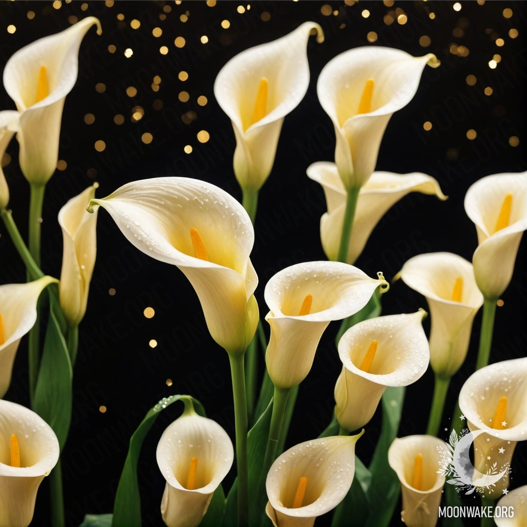 Спокойные золотые лилии, окруженные блестками, ночью.