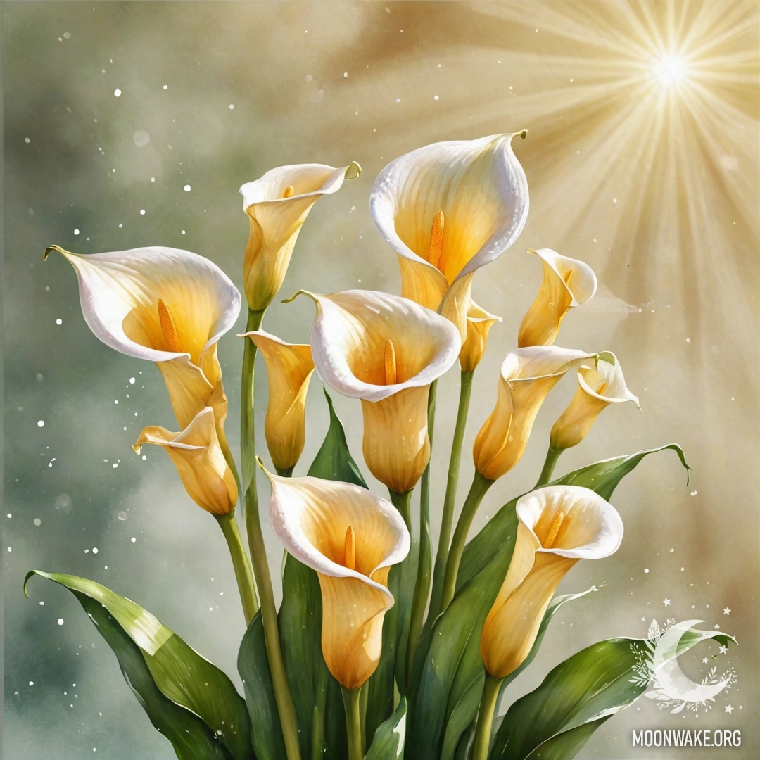 Акварельная картина с золотыми лилиями, освещёнными солнечными лучами и блестками.