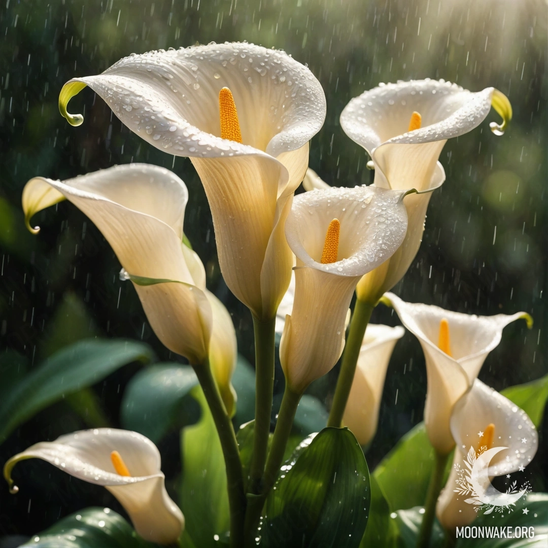Спокойные лилии, промокшие под дождем, сверкающие на солнце.