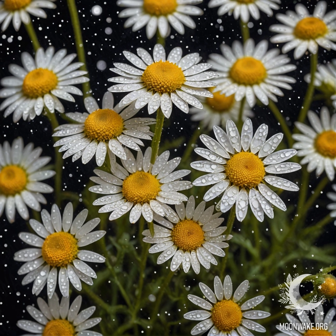 Крупный план красивой золотой ромашки, украшенной каплями росы, на фоне ночного пейзажа, наполненного сверкающими огнями.