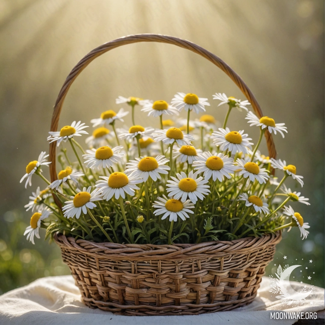 Корзина, наполненная золотыми ромашками в тумане с солнечными лучами.