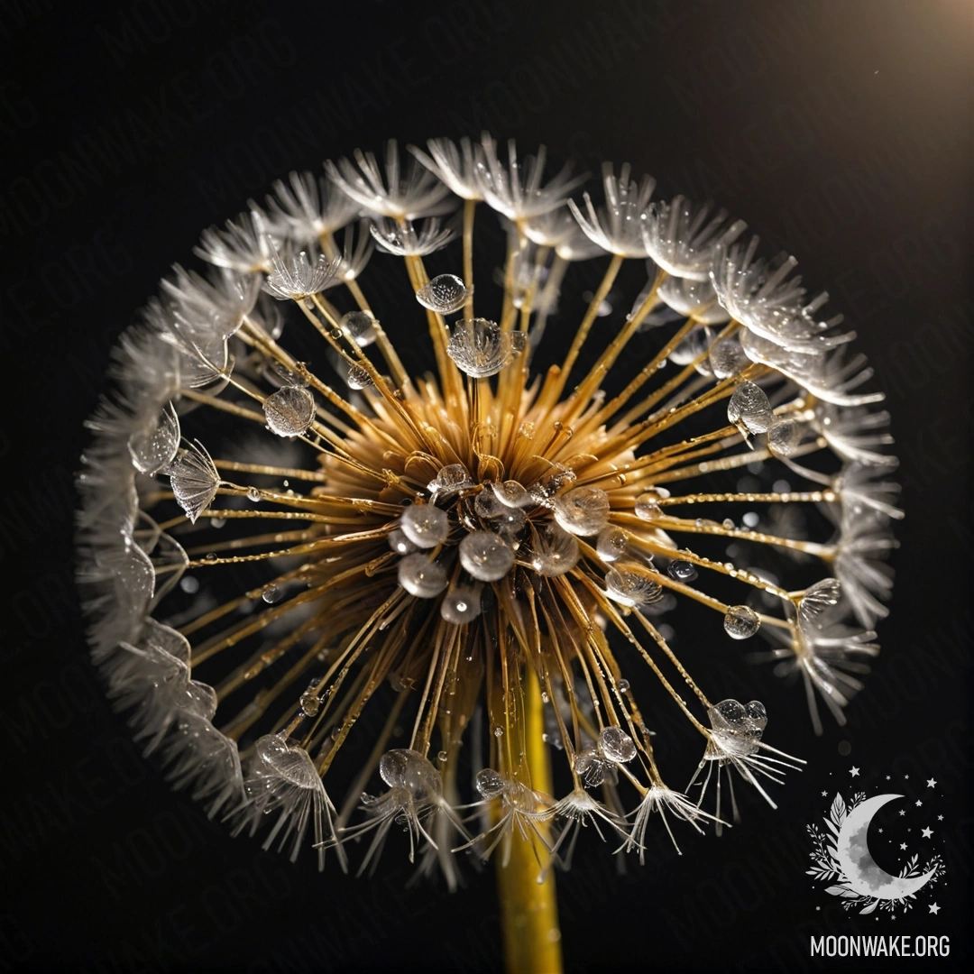 Красивый золотой одуванчик в вазе, украшенный каплями росы под ночным небом.