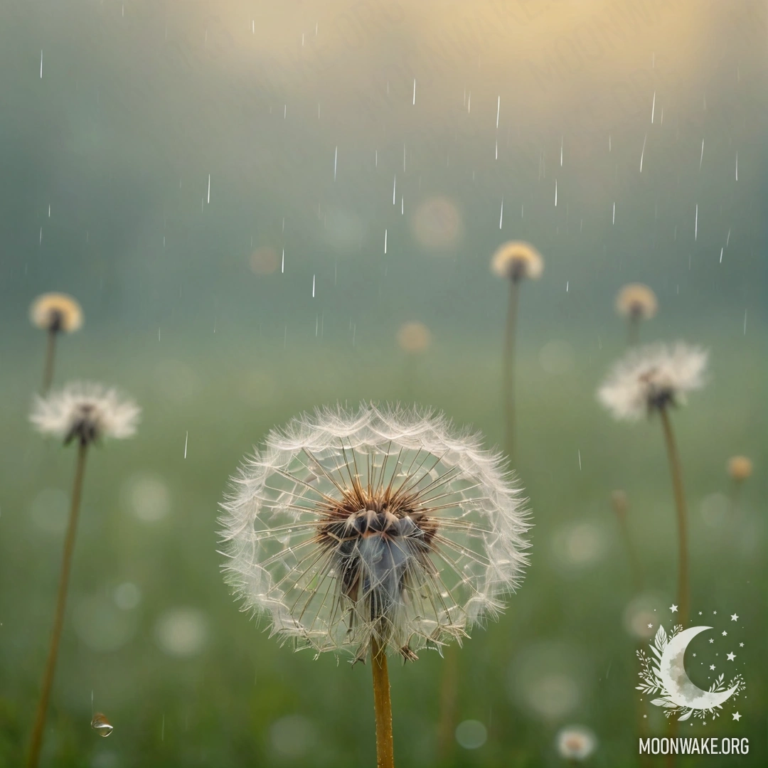 Минималистичное изображение золотого одуванчика, окруженного туманом и дождем.