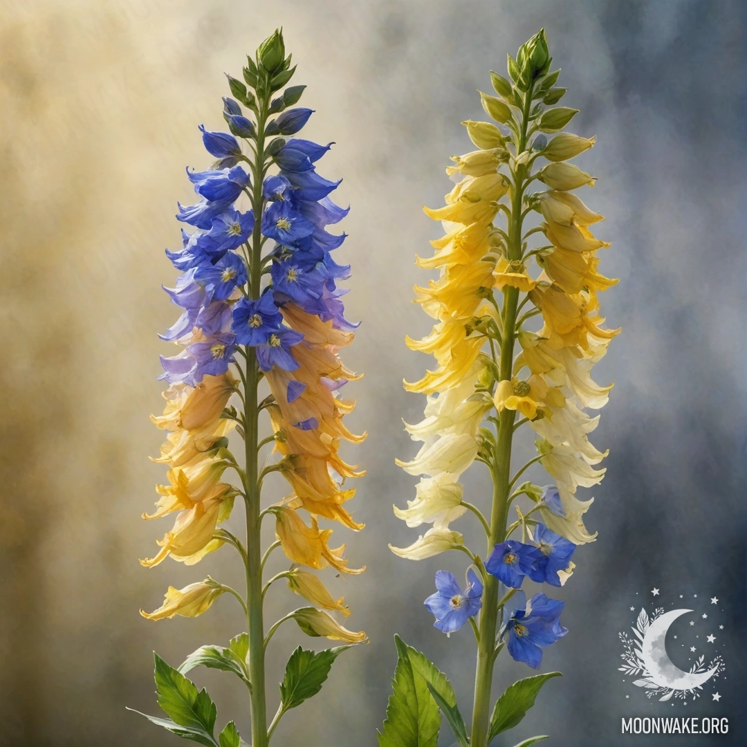 Нежный букет золотых делфиниумов, окружённый туманом и солнечными лучами.