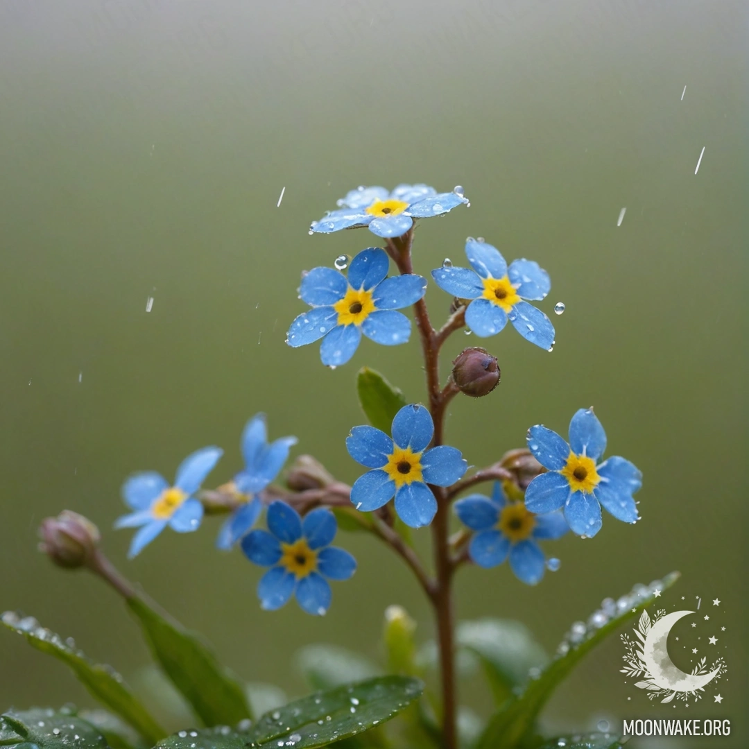 Минималистичное изображение золотых незабудок под туманным дождем, сверкающих блестками.