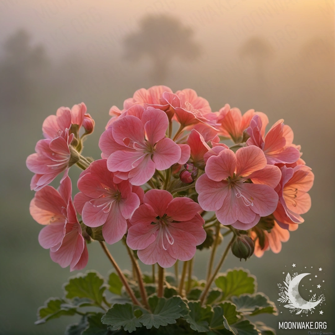 Букет золотых гераний, окруженный туманом на закате.