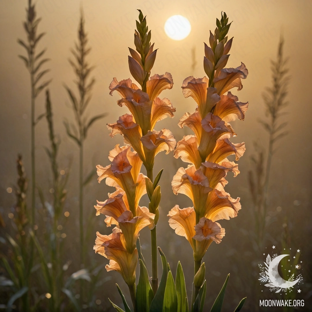 Золотистый букет гладиолусов, окутанный туманом на закате.