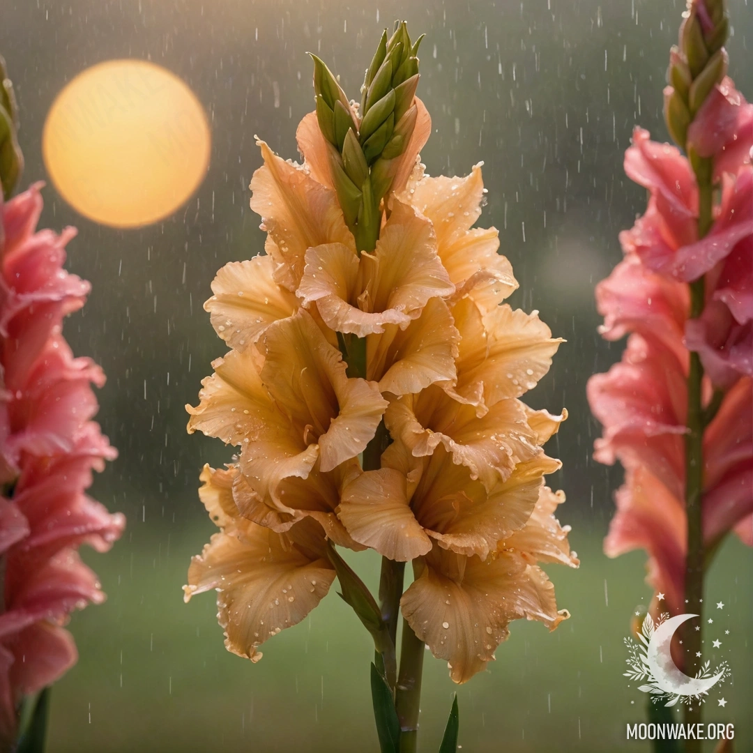 Букет золотых гладиолусов под дождём на фоне заката.