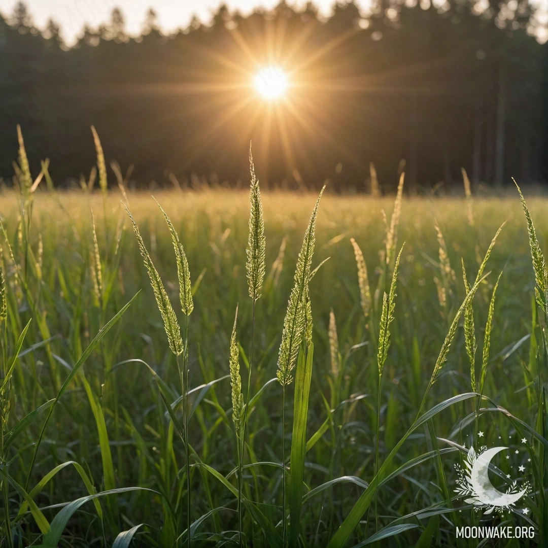 Крупный план красивой травы на поле, с размытым лесом и солнечными лучами, освещающими сцену на закате.