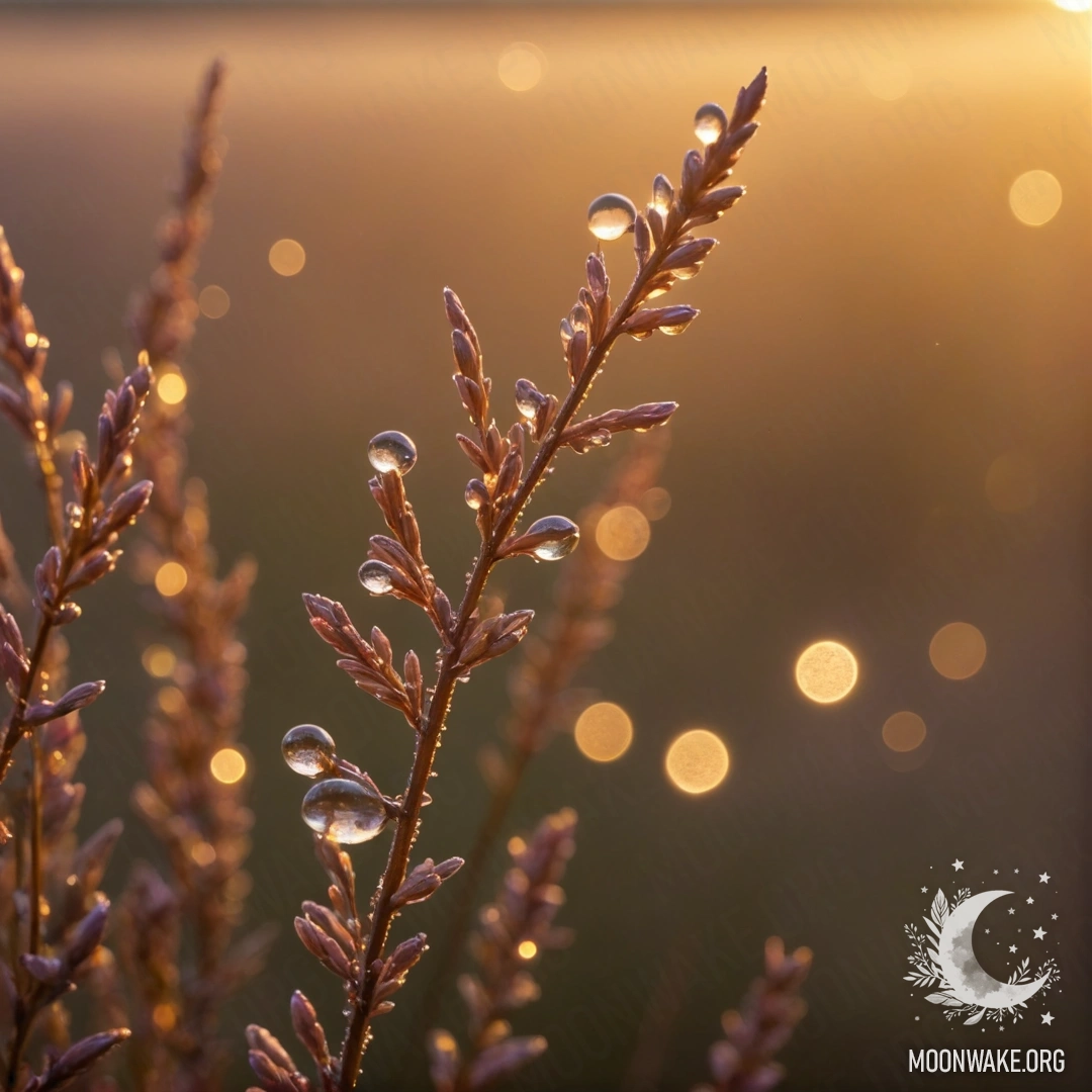 Минималистичный вид вереска с каплями росы на закате, сверкающего золотистыми искорками.